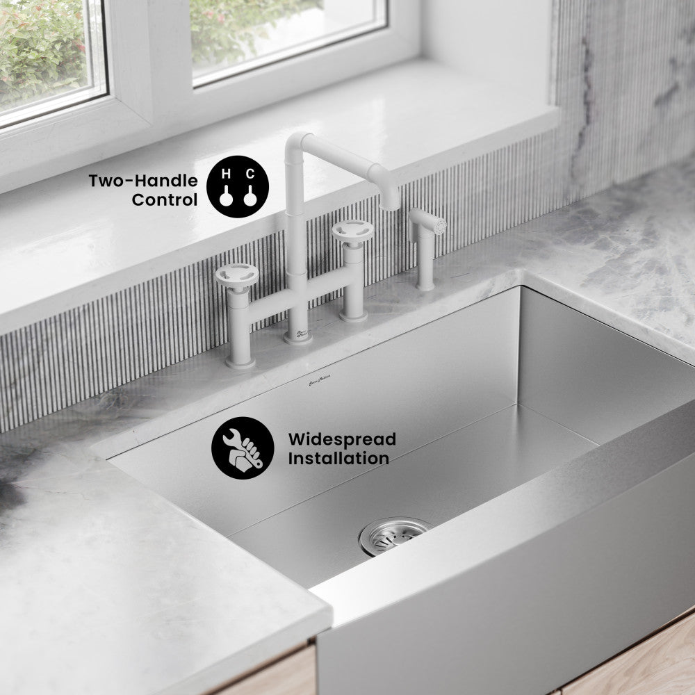 Avallon Pro Widespread Kitchen Faucet with Side Sprayer in Matte White