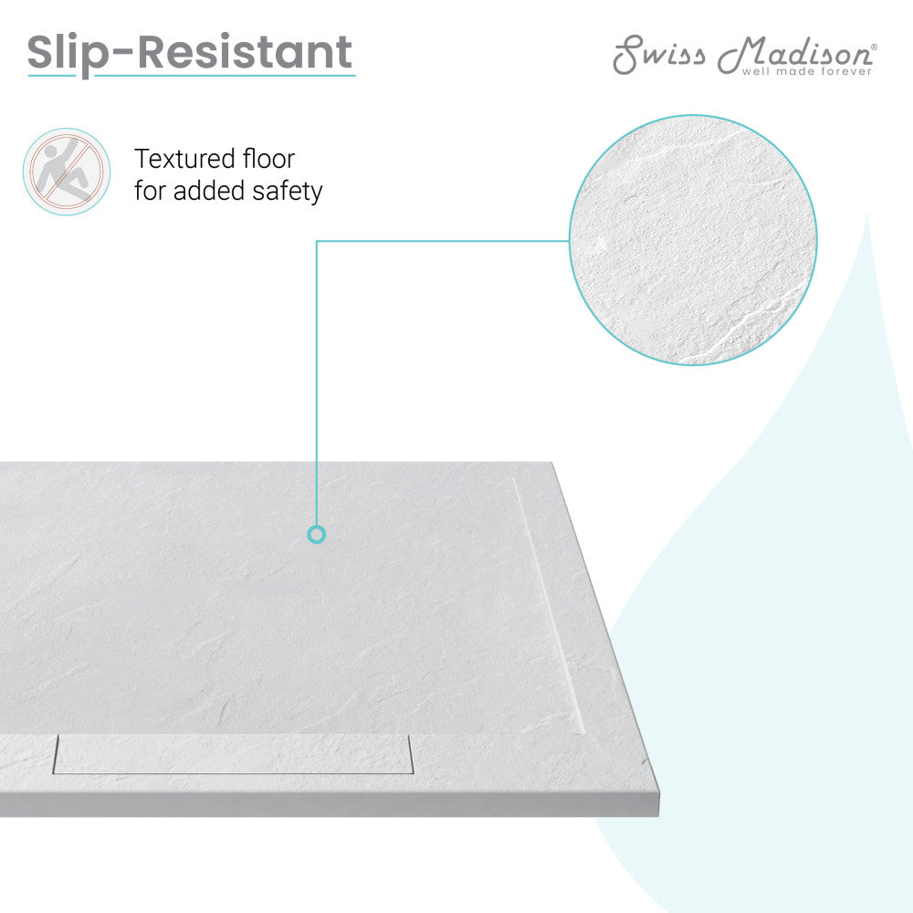 Square white shower base 36 x 36 inches with textured slip-resistant floor and reversible drain.