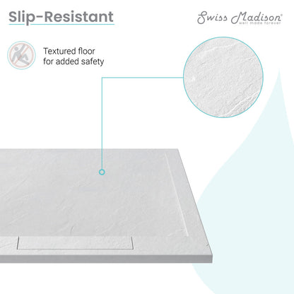 Square white shower base 36 x 36 inches with textured slip-resistant floor and reversible drain.