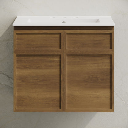 St. Tropez 24" Wall-Mounted Bathroom Vanity in Brown Oak with 3-Hole Widespread Sink Top