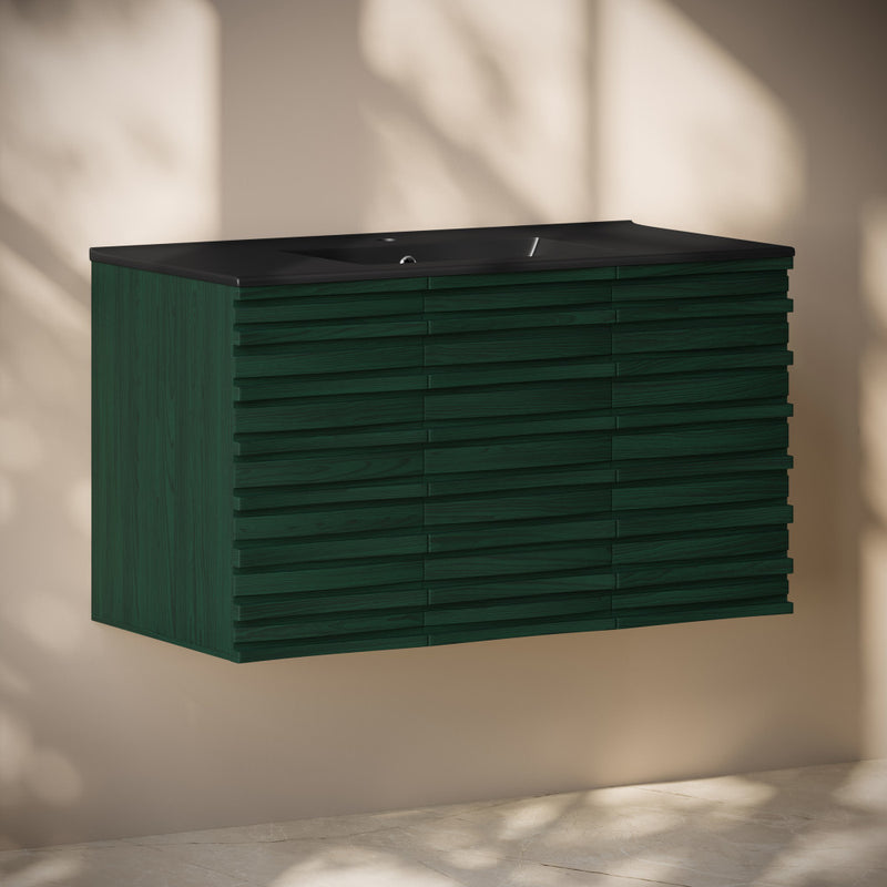 Cascade 36" Wall-Mounted Bathroom Vanity in Green Oak with Black Sink Top