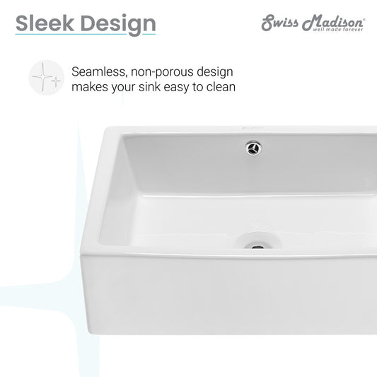 White rectangular ceramic vessel sink with seamless, non-porous design for easy cleaning.