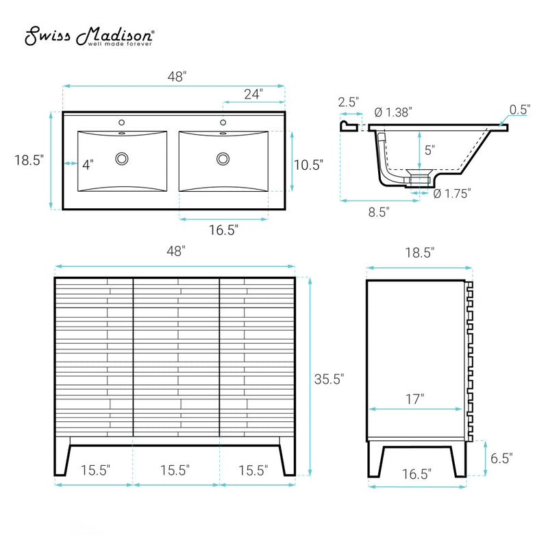 Cascade 48" Freestanding Bathroom Vanity in Green Oak with Double Basin Sink Top