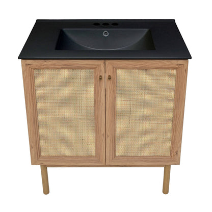 Classe 30" Freestanding Bathroom Vanity in Golden Oak with Black 3-Hole Widespread Sink Top