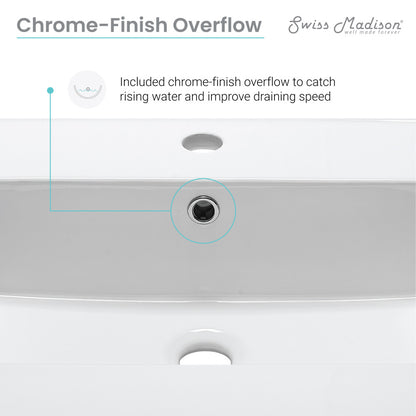 24-inch freestanding white bathroom vanity with single sink and chrome-finish overflow drain.
