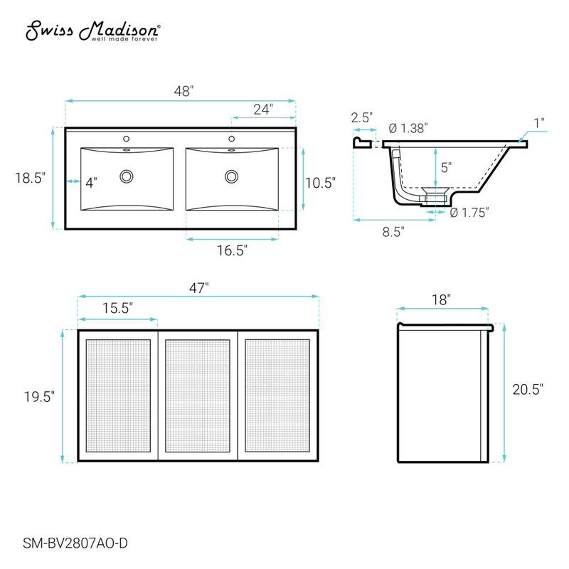 Classe 48" Wall-Mounted Bathroom Vanity in Black Oak with Double Basin Sink Top