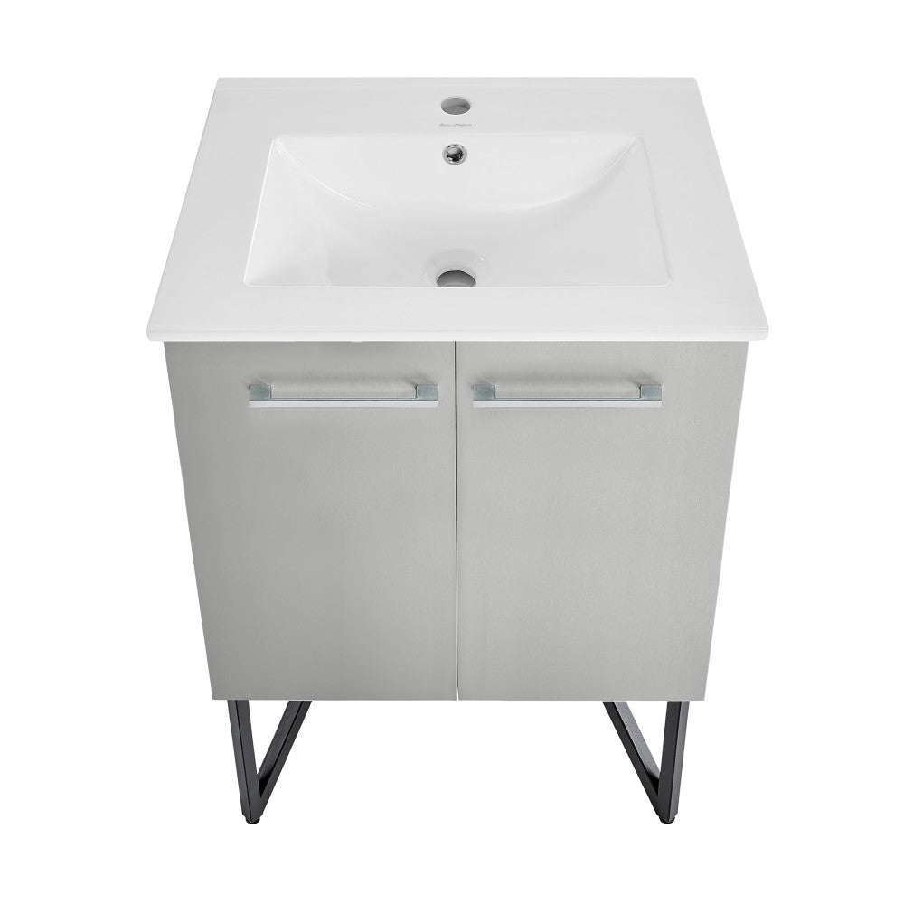 24-inch freestanding gray bathroom vanity with single white integrated sink and modern metal legs.