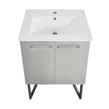 24-inch freestanding gray bathroom vanity with single white integrated sink and modern metal legs.
