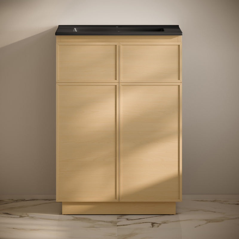 St. Tropez 24" Freestanding Bathroom Vanity in Natural Oak with Black Sink Top