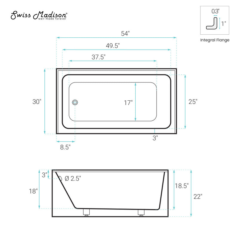 Voltaire 54 x 30 Skirted Left Drain Soaking Alcove Bathtub in Glossy White