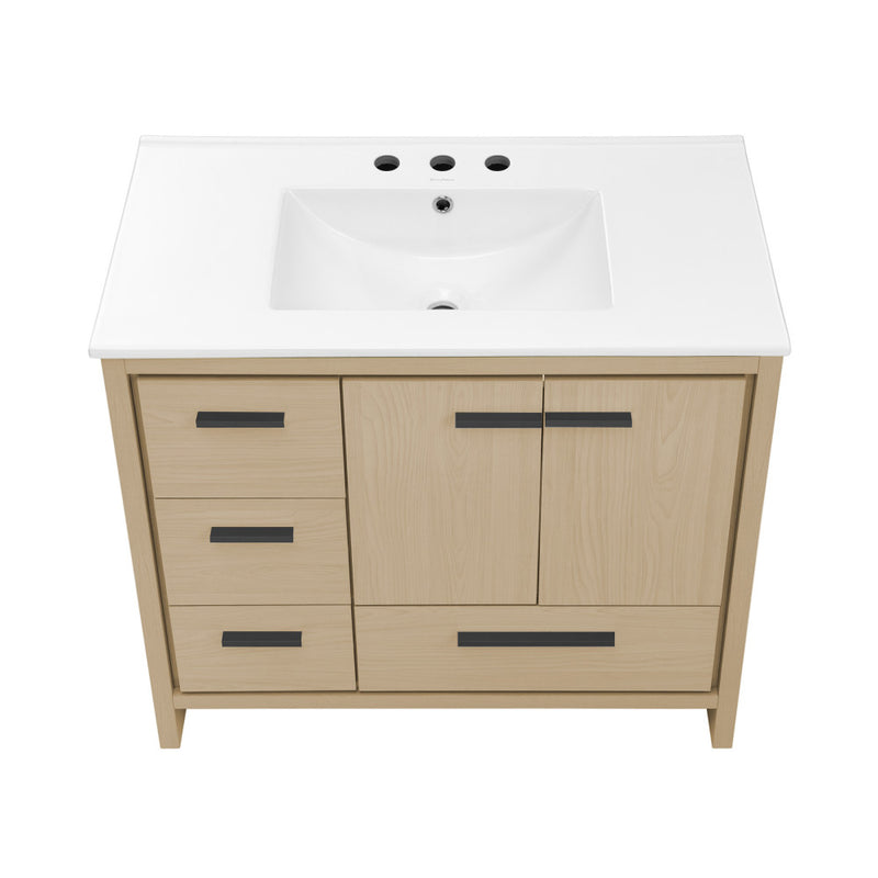 Virage 36 in. Brown Oak Bathroom Vanity With White, 3-Hole Ceramic Sink Top