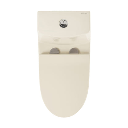 Elongated one-piece toilet in bisque with dual vortex flush and chrome push button.