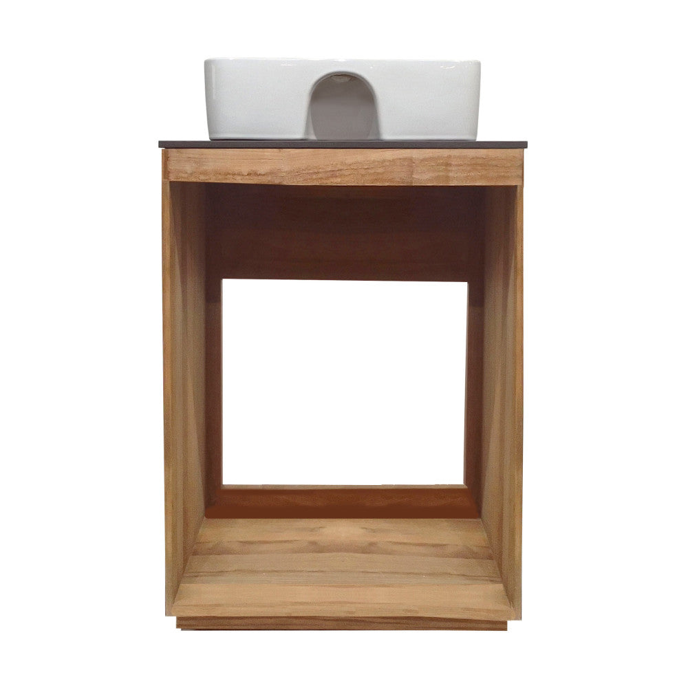 24-inch freestanding bathroom vanity in natural teak with slate countertop and single hole vessel sink.