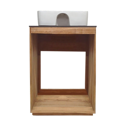 24-inch freestanding bathroom vanity in natural teak with slate countertop and single hole vessel sink.