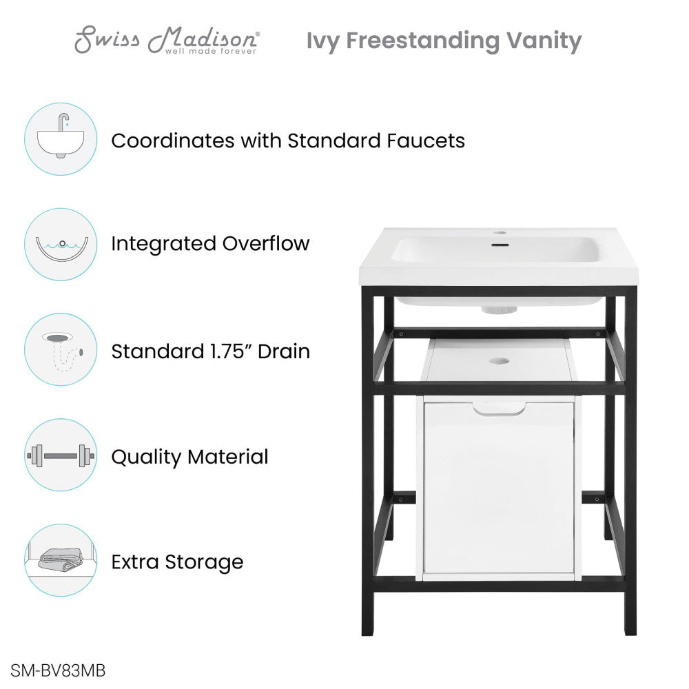 24-inch freestanding black bathroom vanity with single integrated sink and storage cabinet.