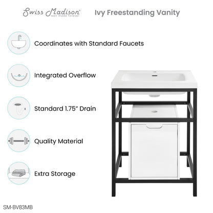 24-inch freestanding black bathroom vanity with single integrated sink and storage cabinet.