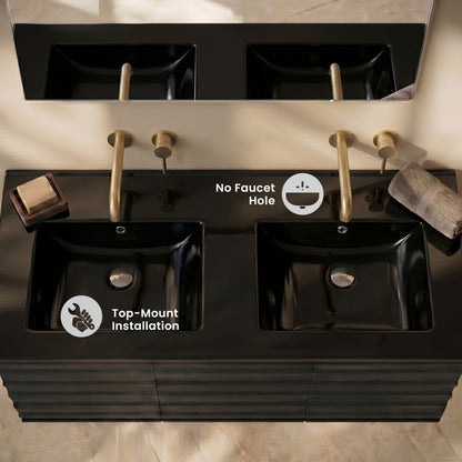 48" Zero Hole Double Basin Vanity Sink Top in Glossy Black