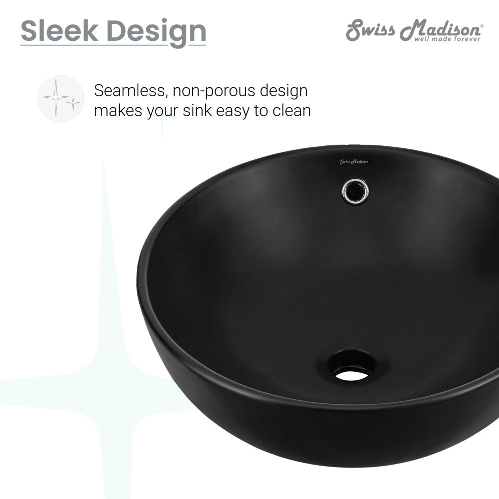 17” round vessel sink in matte black with seamless, non-porous design and center drain hole.
