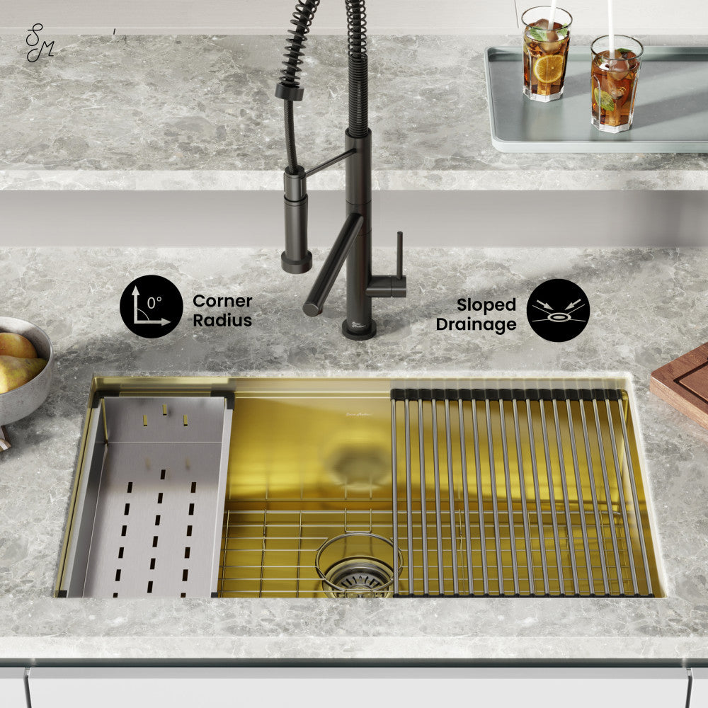 32" 18 gauge undermount kitchen sink in polished gold stainless steel with workstation accessories.