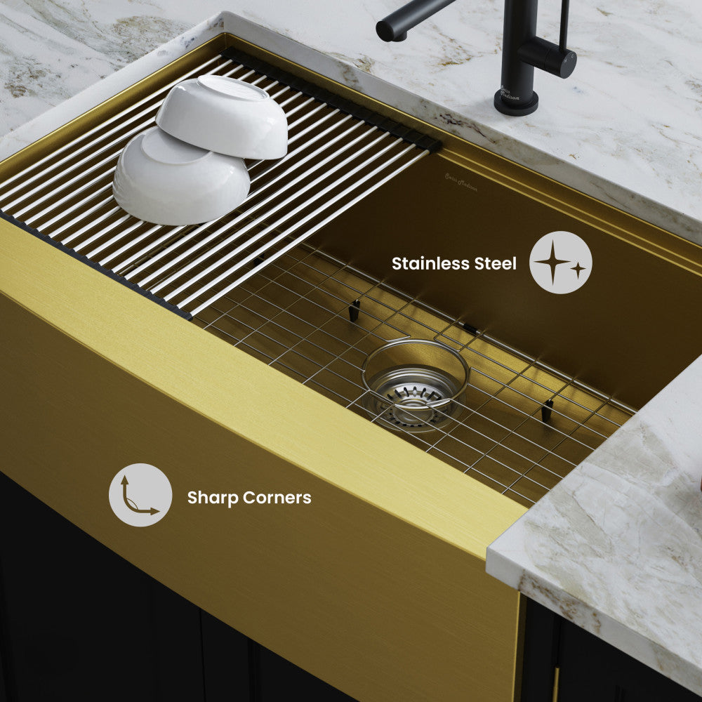 Tourner 33 x 22 Stainless Steel, Single Basin, Farmhouse Kitchen Workstation Sink with Apron in Gold