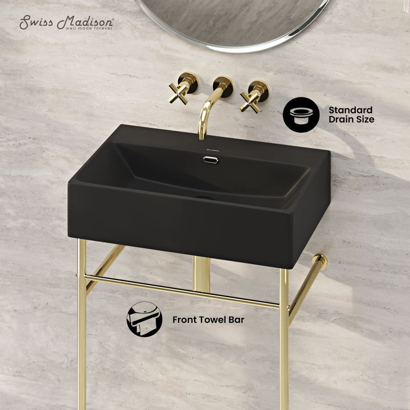 Claire 24" Rectangle Matte Black Zero Hole Console Sink with Glossy Gold Legs