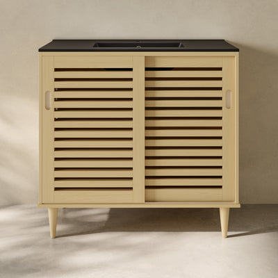 Delice 36" Freestanding Bathroom Vanity in Natural Oak with Black Sink Top