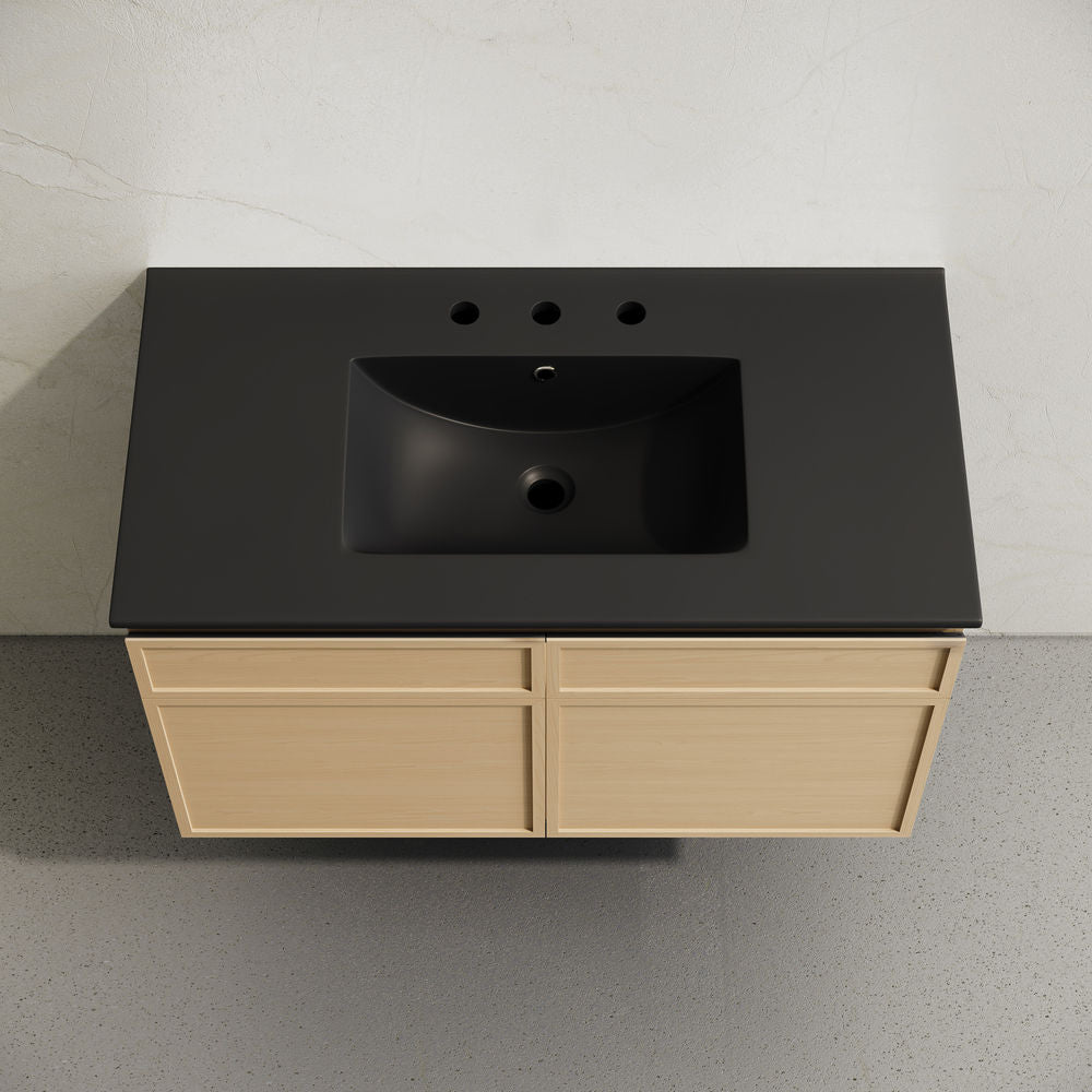 St. Tropez 36" Wall-Mounted Bathroom Vanity in Natural Oak with Black 3-Hole Widespread Sink Top
