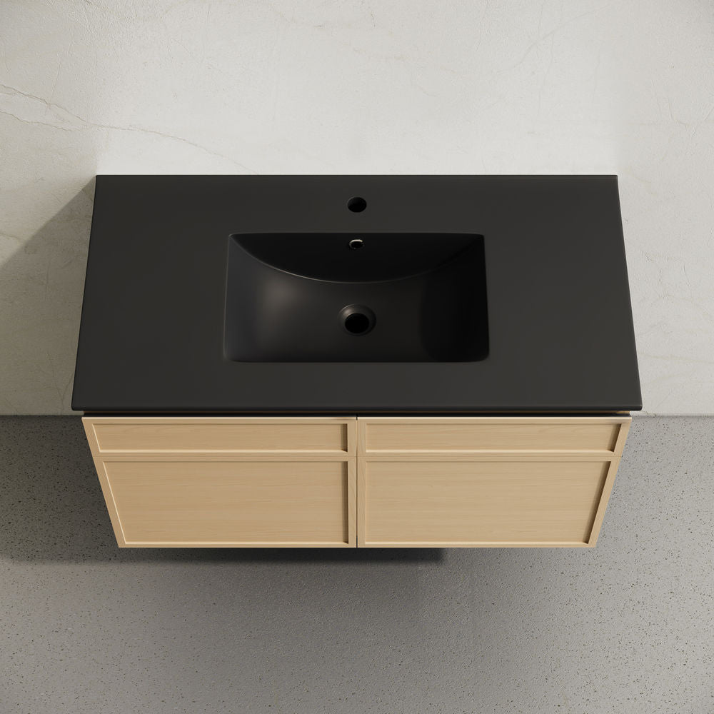 St. Tropez 36" Wall-Mounted Bathroom Vanity in Natural Oak with Black Sink Top