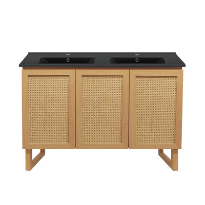 Arles 48 in. Natural Oak, Double Basin Bathroom Vanity With Black Ceramic Sink Top
