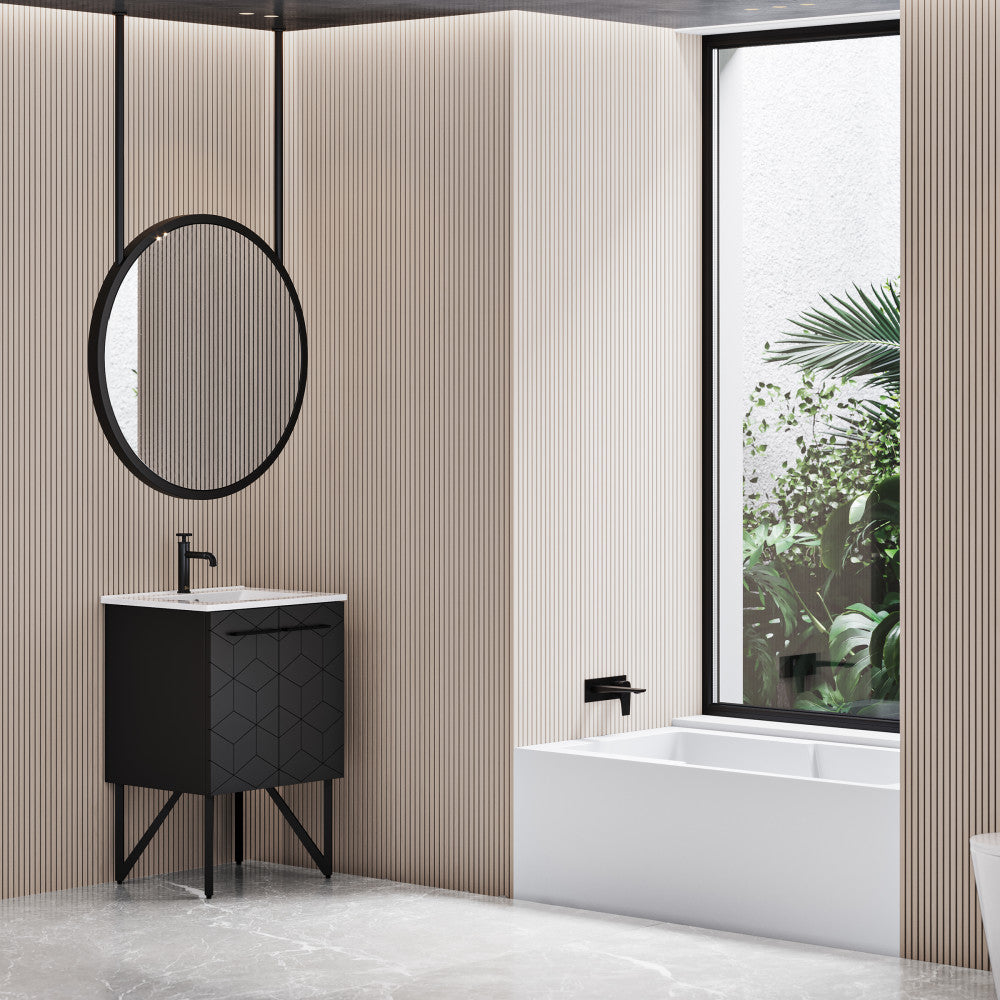 24-inch freestanding bathroom vanity in phantom black with single sink and black metal legs.