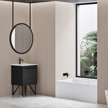 24-inch freestanding bathroom vanity in phantom black with single sink and black metal legs.