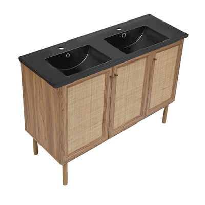 Classe 48 in. Brown Oak, Double Basin Bathroom Vanity With Black Ceramic Sink Top