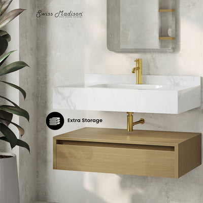 Avancer 36" Wall-Mounted Bathroom Vanity in Natural Oak with White Marble Sink Top