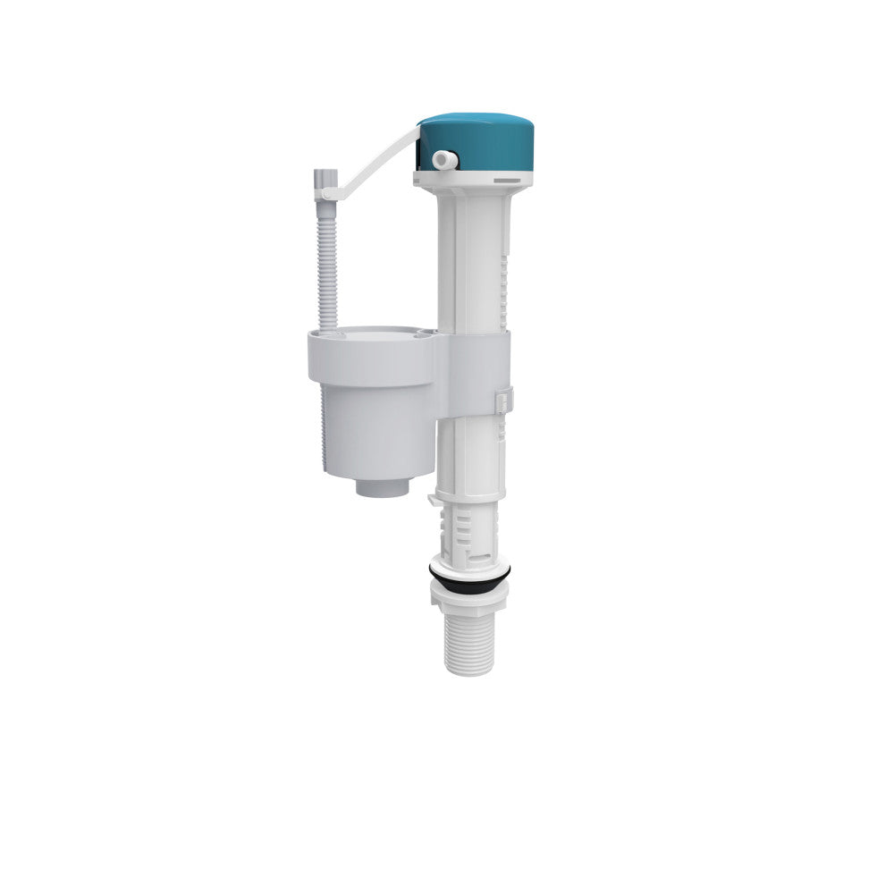 Elongated toilet fill valve with white plastic body and turquoise top component.