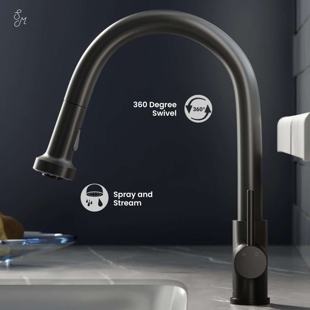 Single-handle pull-down kitchen faucet in matte black with 360-degree swivel and spray/stream functions.
