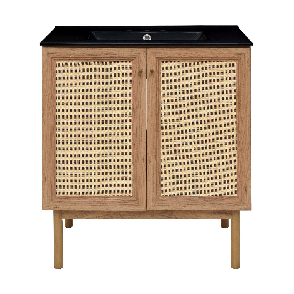 Classe 30" Freestanding Bathroom Vanity in Golden Oak with Black 3-Hole Widespread Sink Top