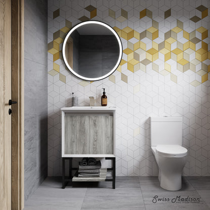 24-inch freestanding bathroom vanity with two doors and open shelf in light wood finish.