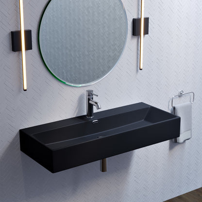 40" rectangular wall-mount bathroom sink in matte black with integrated basin and single faucet hole.