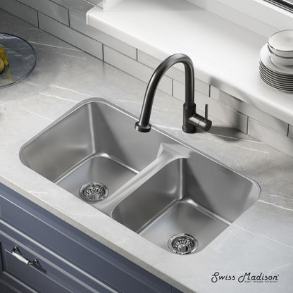 29x18 stainless steel undermount kitchen sink with dual basins and two drain openings.