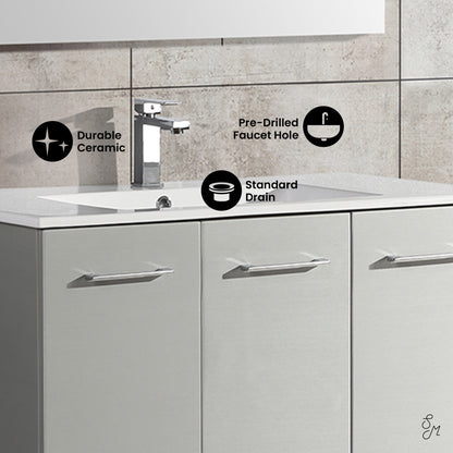 36-inch freestanding gray bathroom vanity with single sink and soft-close doors.