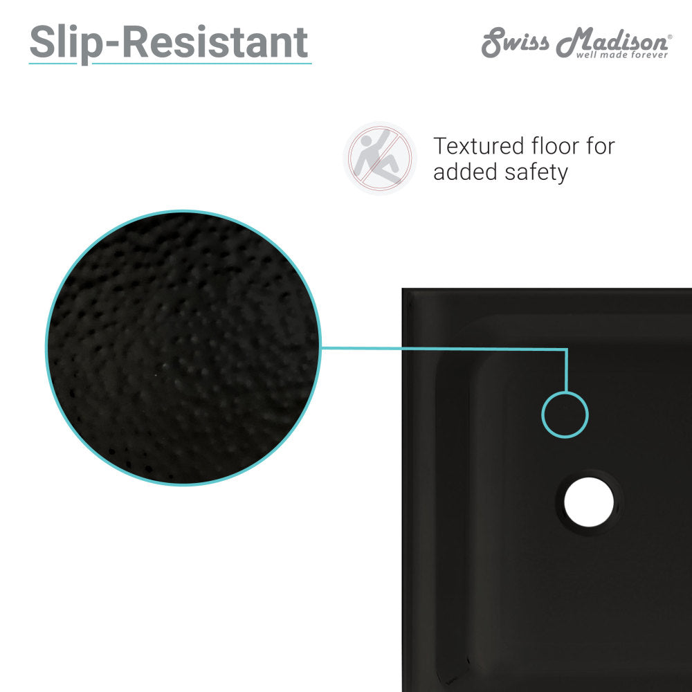60" x 36" black acrylic shower base with single threshold and right drain, textured slip-resistant floor.