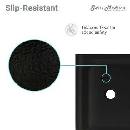 60" x 36" black acrylic shower base with single threshold and right drain, textured slip-resistant floor.