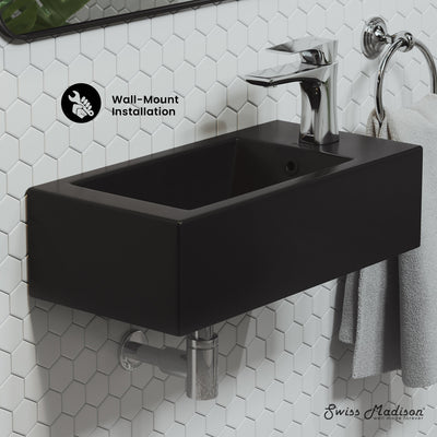 Voltaire 19.5 x 10 Rectangular Ceramic Wall Hung Sink with Right Side Faucet Mount, Matte Black