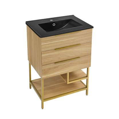 Carre 24 in. Golden Oak Bathroom Vanity with Black Ceramic Sink Top