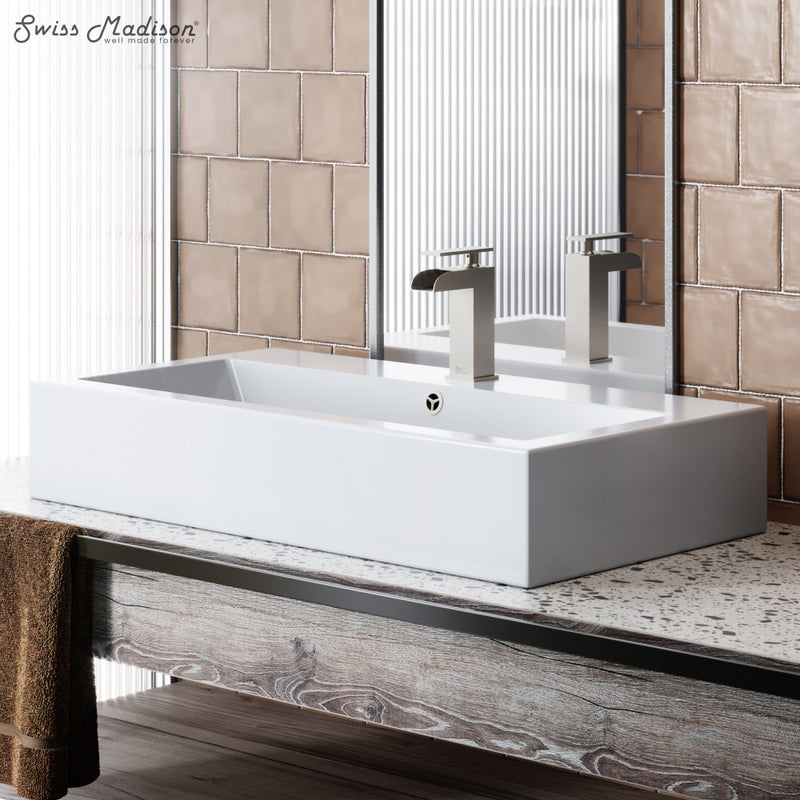 Voltaire 32" Rectangle Vessel Sink in Glossy White with Faucet Mount