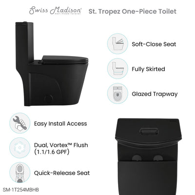 St. Tropez One Piece Elongated Toilet Dual Vortex™ Flush in Matte Black, Black Hardware 1.1/1.6 gpf