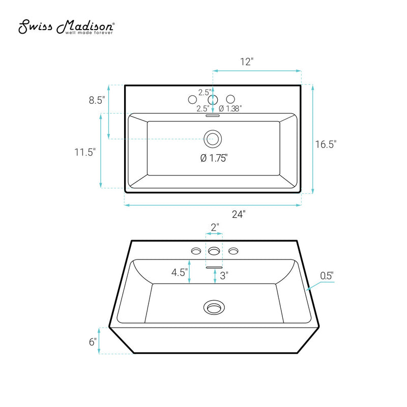 Claire 24" Rectangle Wall-Mount Bathroom Sink with 8" Widespread Holes