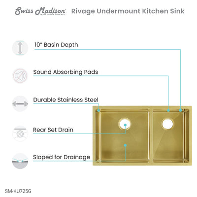 Rivage 33 x 20 Stainless Steel, Dual Basin, Undermount Kitchen Sink in Gold