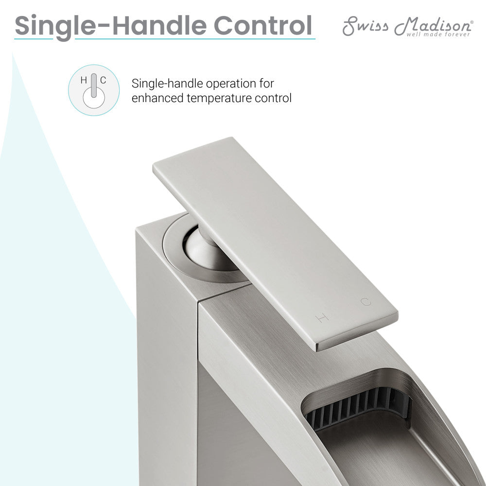Single-handle high arc waterfall bathroom faucet in brushed nickel, Concorde collection.