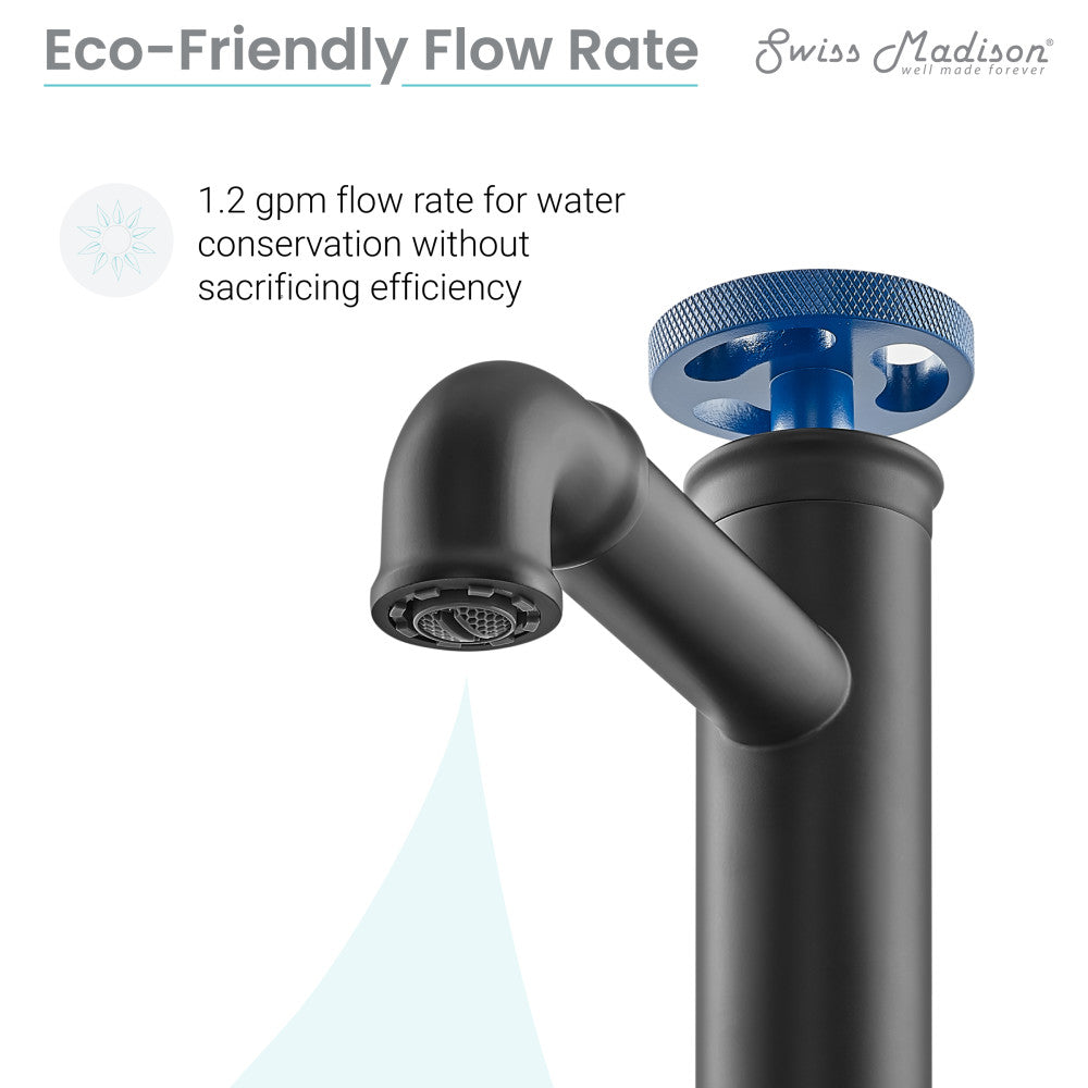 Single-handle bathroom faucet in matte black with blue wheel handle and curved spout.